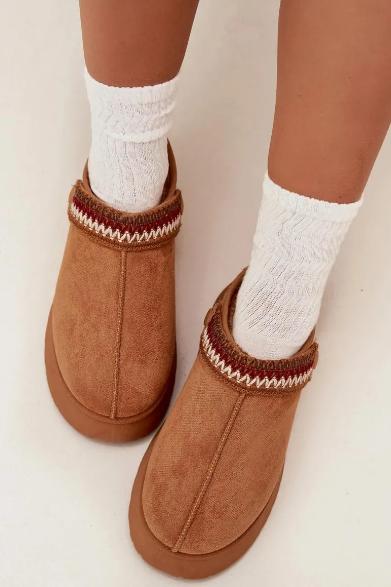 Śniegowce Damskie Niskie Z Ruchomym Paskiem I Haftem Na Platformie Camel Lyrisse