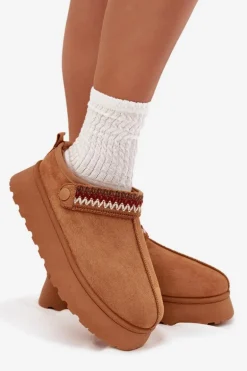 Śniegowce Damskie Niskie Z Ruchomym Paskiem I Haftem Na Platformie Camel Lyrisse