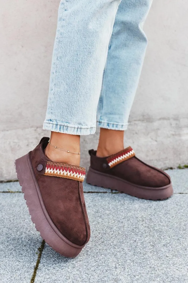 Śniegowce Damskie Niskie Z Ruchomym Paskiem I Haftem Na Platformie Czekoladowe Lyrisse