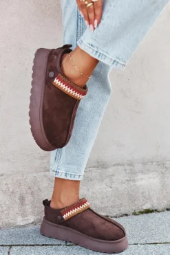 Śniegowce Damskie Niskie Z Ruchomym Paskiem I Haftem Na Platformie Czekoladowe Lyrisse