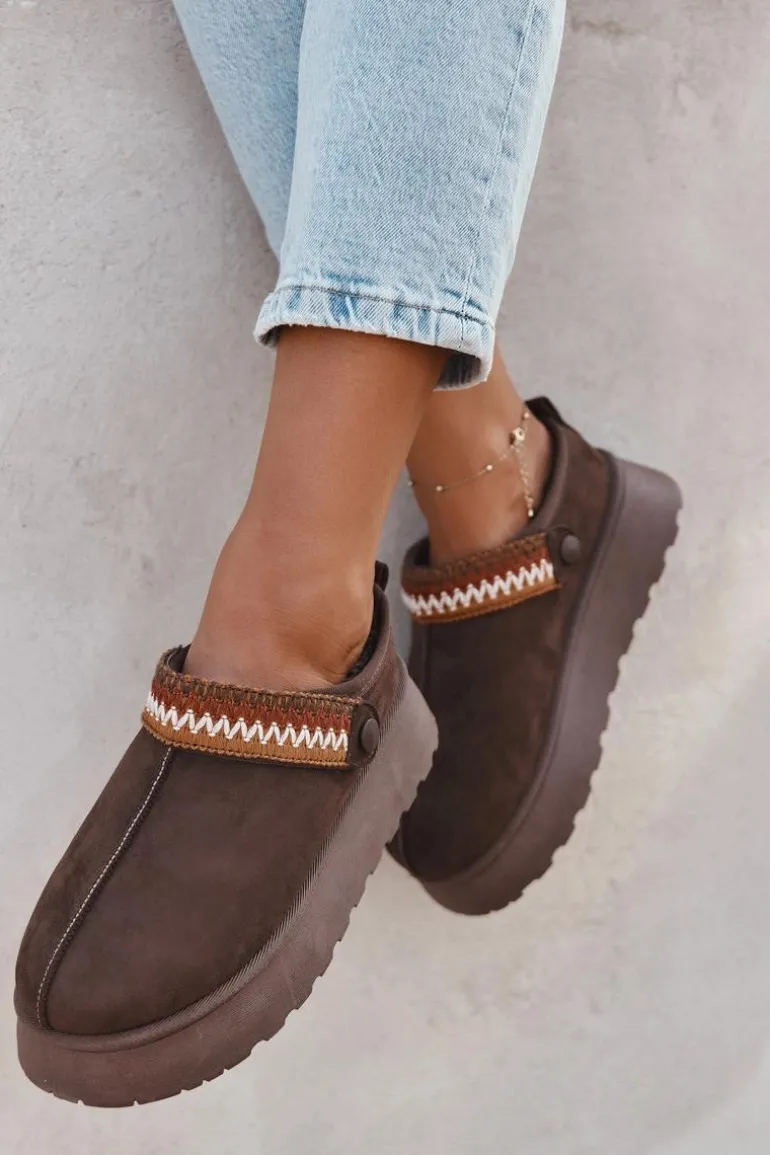 Śniegowce Damskie Niskie Z Ruchomym Paskiem I Haftem Na Platformie Czekoladowe Lyrisse