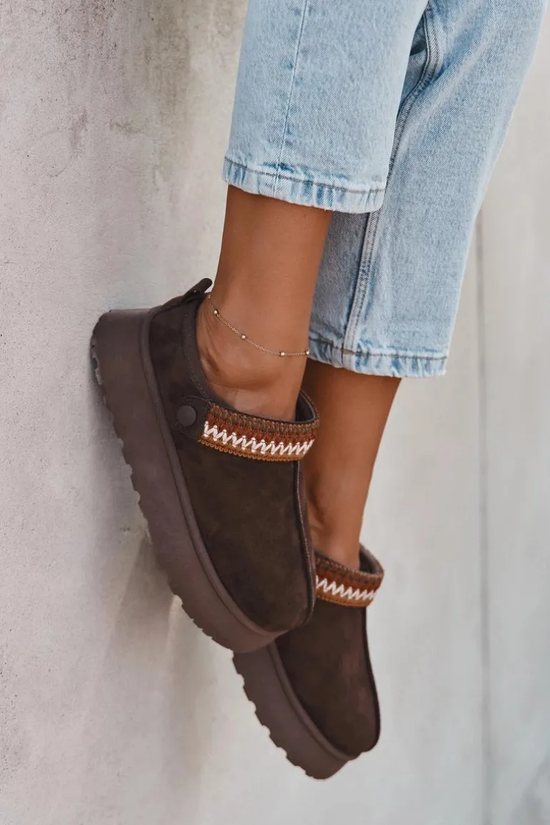 Śniegowce Damskie Niskie Z Ruchomym Paskiem I Haftem Na Platformie Czekoladowe Lyrisse