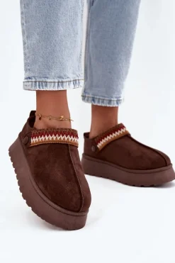 Śniegowce Damskie Niskie Z Ruchomym Paskiem I Haftem Na Platformie Czekoladowe Lyrisse