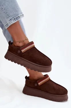 Śniegowce Damskie Niskie Z Ruchomym Paskiem I Haftem Na Platformie Czekoladowe Lyrisse