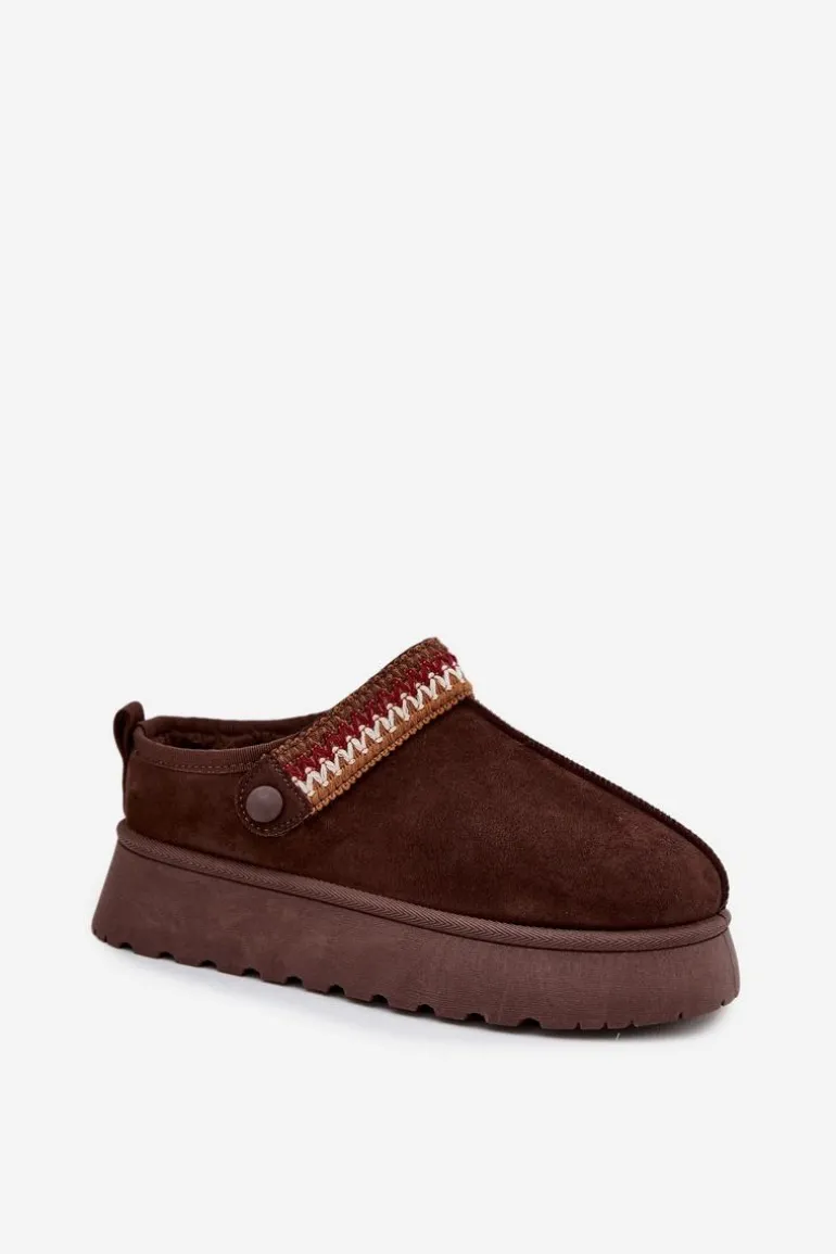 Śniegowce Damskie Niskie Z Ruchomym Paskiem I Haftem Na Platformie Czekoladowe Lyrisse