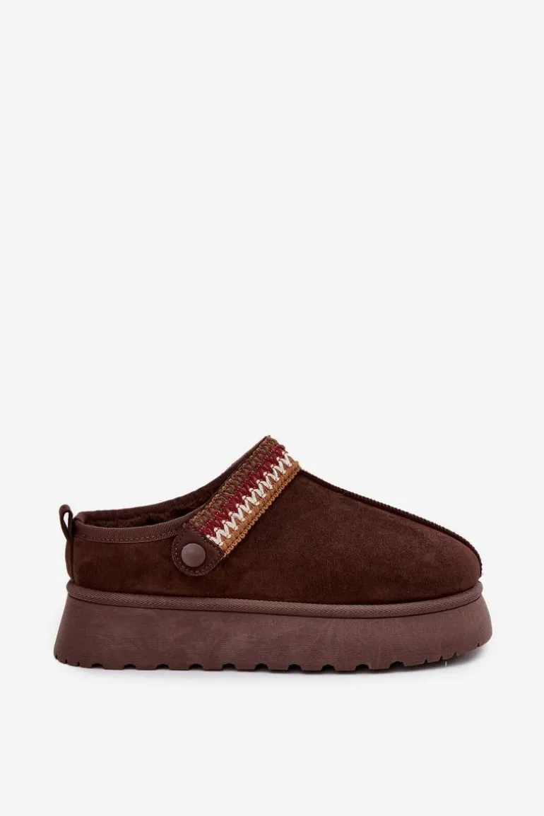 Śniegowce Damskie Niskie Z Ruchomym Paskiem I Haftem Na Platformie Czekoladowe Lyrisse