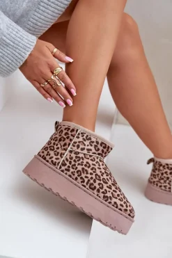 Śniegowce Damskie W Panterkę Na Platformie Ocieplane Futerkiem Brązowe Xamella