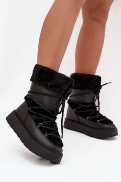 Śniegowce Damskie Z Futerkiem I Wiązaniem Na Platformie Czarne Marinna