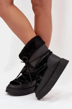 Śniegowce Damskie Z Futerkiem I Wiązaniem Na Platformie Czarne Marinna