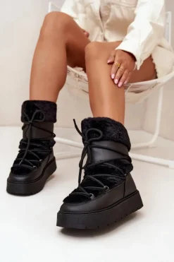 Śniegowce Damskie Z Futerkiem I Wiązaniem Na Platformie Czarne Marinna