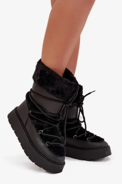 Śniegowce Damskie Z Futerkiem I Wiązaniem Na Platformie Czarne Marinna