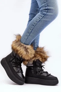 Śniegowce Damskie Z Futerkiem Na Platformie Czarne Nabilla