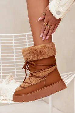 Śniegowce Damskie Z Futerkiem I Wiązaniem Na Platformie Camel Marinna