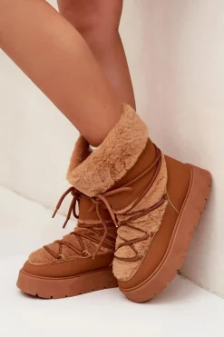 Śniegowce Damskie Z Futerkiem I Wiązaniem Na Platformie Camel Marinna