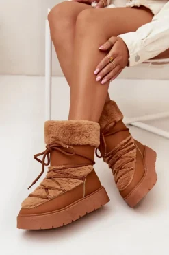Śniegowce Damskie Z Futerkiem I Wiązaniem Na Platformie Camel Marinna