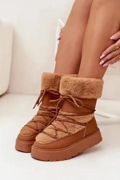 Śniegowce Damskie Z Futerkiem I Wiązaniem Na Platformie Camel Marinna