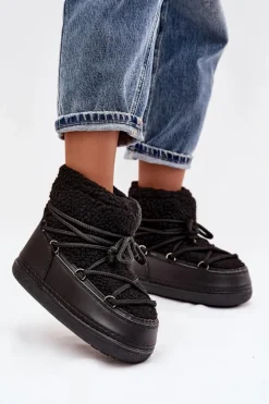 Śniegowce Damskie Z Futerkiem Typu Baranek Wiązane Czarne Belira