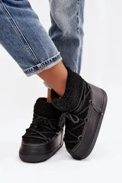 Śniegowce Damskie Z Futerkiem Typu Baranek Wiązane Czarne Belira