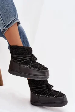 Śniegowce Damskie Z Futerkiem Typu Baranek Wiązane Czarne Belira