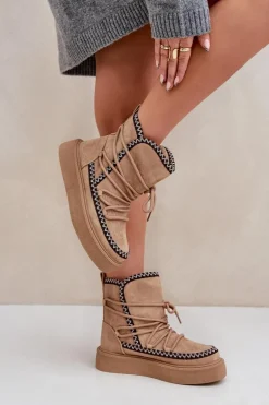 Śniegowce Damskie Z Haftem Na Platformie Brązowe Naleris