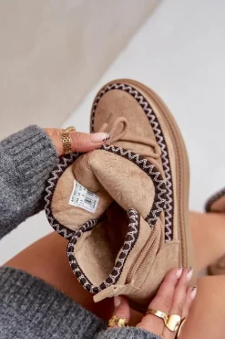 Śniegowce Damskie Z Haftem Na Platformie Brązowe Naleris