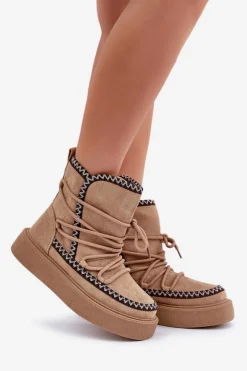 Śniegowce Damskie Z Haftem Na Platformie Brązowe Naleris