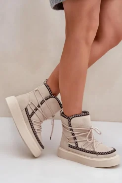 Śniegowce Damskie Z Haftem Na Platformie Jasnobeżowe Naleris