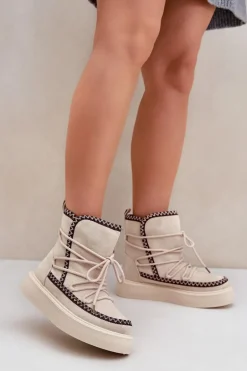 Śniegowce Damskie Z Haftem Na Platformie Jasnobeżowe Naleris