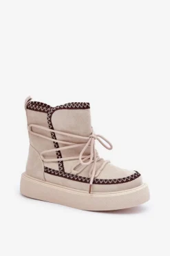 Śniegowce Damskie Z Haftem Na Platformie Jasnobeżowe Naleris