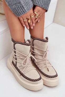 Śniegowce Damskie Z Haftem Na Platformie Jasnobeżowe Naleris