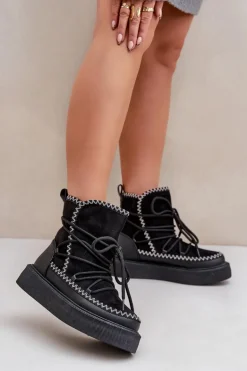 Śniegowce Damskie Z Haftem Na Platformie Czarne Naleris