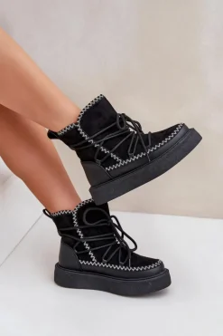 Śniegowce Damskie Z Haftem Na Platformie Czarne Naleris