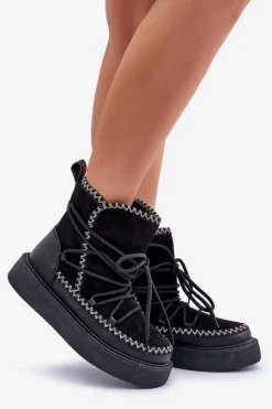 Śniegowce Damskie Z Haftem Na Platformie Czarne Naleris