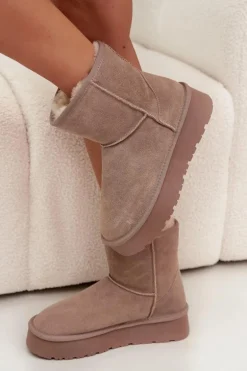 Śniegowce Damskie Z Naturalnego Zamszu Na Platformie Beżowe Privine