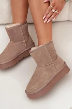 Śniegowce Damskie Z Naturalnego Zamszu Na Platformie Beżowe Privine