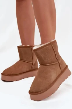 Śniegowce Damskie Z Naturalnego Zamszu Na Platformie Camel Privine