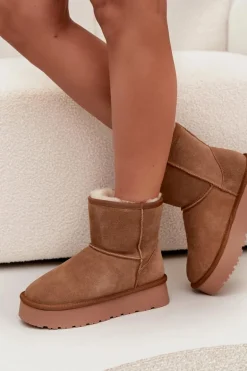 Śniegowce Damskie Z Naturalnego Zamszu Na Platformie Camel Privine