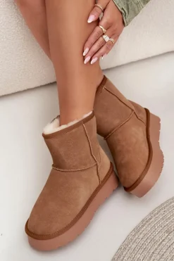 Śniegowce Damskie Z Naturalnego Zamszu Na Platformie Camel Privine