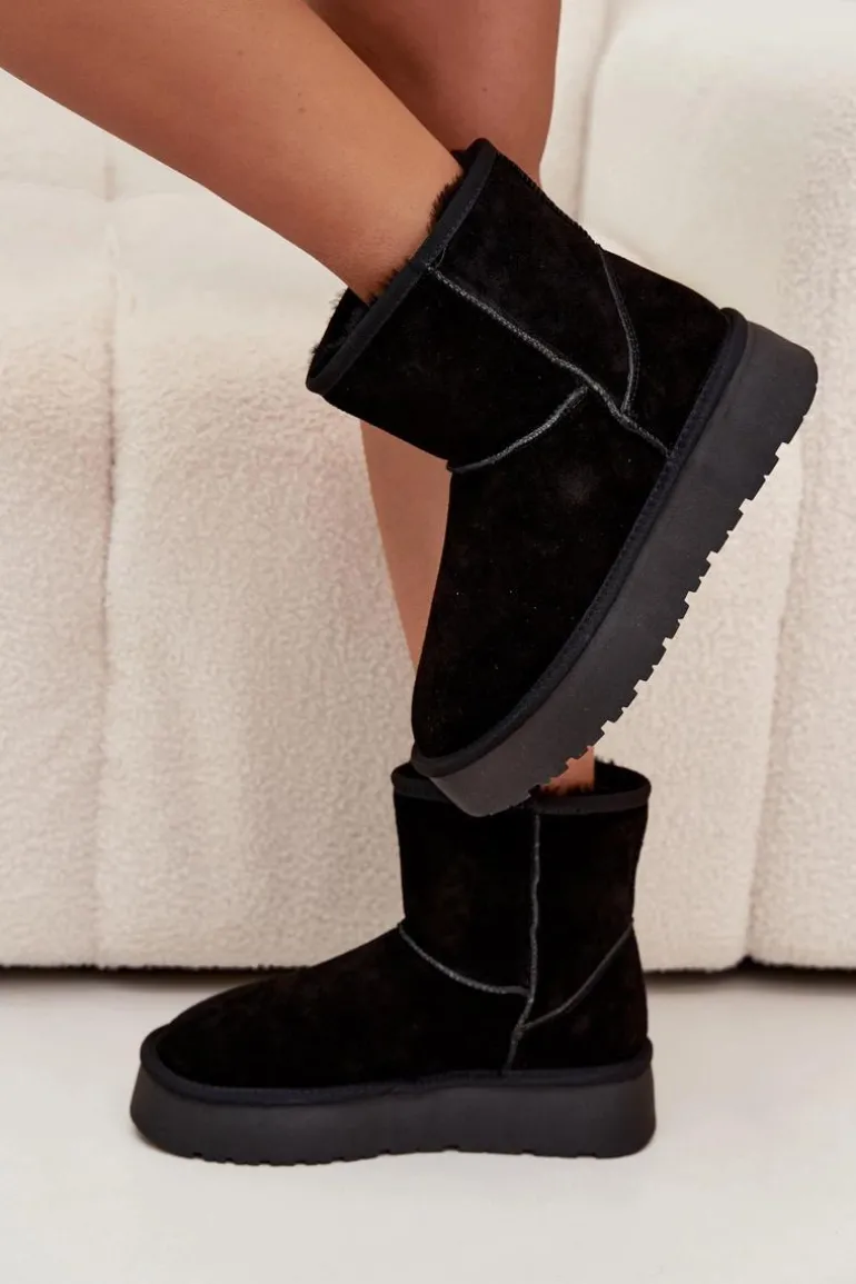 Śniegowce Damskie Z Naturalnego Zamszu Na Platformie Czarne Privine