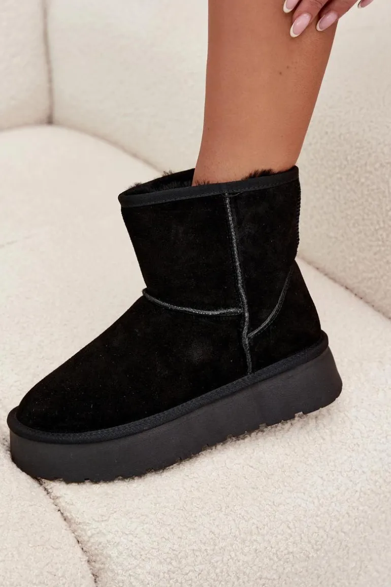 Śniegowce Damskie Z Naturalnego Zamszu Na Platformie Czarne Privine
