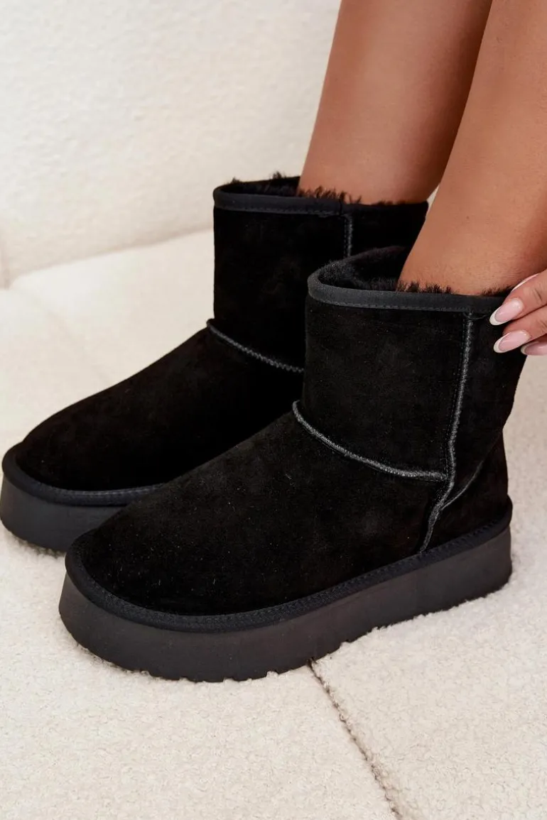 Śniegowce Damskie Z Naturalnego Zamszu Na Platformie Czarne Privine