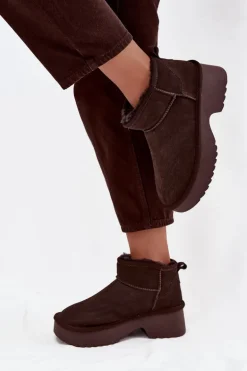 Śniegowce Damskie Z Naturalnego Zamszu Ocieplane Futerkiem Czekoladowe Milora
