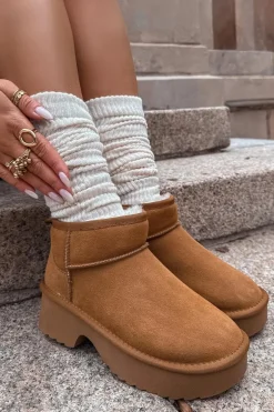 Śniegowce Damskie Z Naturalnego Zamszu Ocieplane Futerkiem Camel Milora