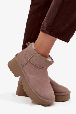 Śniegowce Damskie Z Naturalnego Zamszu Ocieplane Futerkiem Khaki Milora