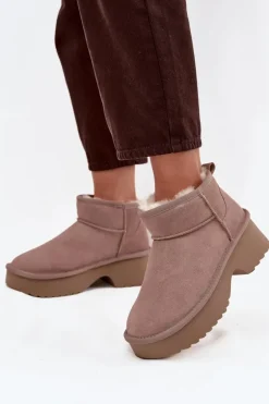 Śniegowce Damskie Z Naturalnego Zamszu Ocieplane Futerkiem Khaki Milora