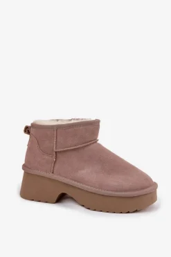 Śniegowce Damskie Z Naturalnego Zamszu Ocieplane Futerkiem Khaki Milora