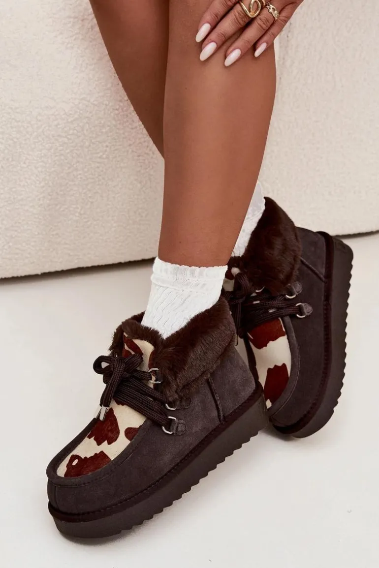 Śniegowce Damskie Z Naturalnego Zamszu Łaty D.Franklin DFSH375008 Czekoladowe