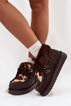 Śniegowce Damskie Z Naturalnego Zamszu Łaty D.Franklin DFSH375008 Czekoladowe