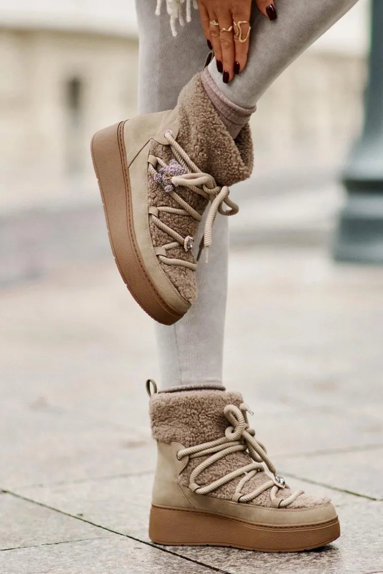 Śniegowce Damskie Z Przypinkami I Futerkiem Typu Baranek Brązowe Almatiza