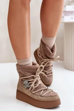 Śniegowce Damskie Z Przypinkami I Futerkiem Typu Baranek Brązowe Almatiza